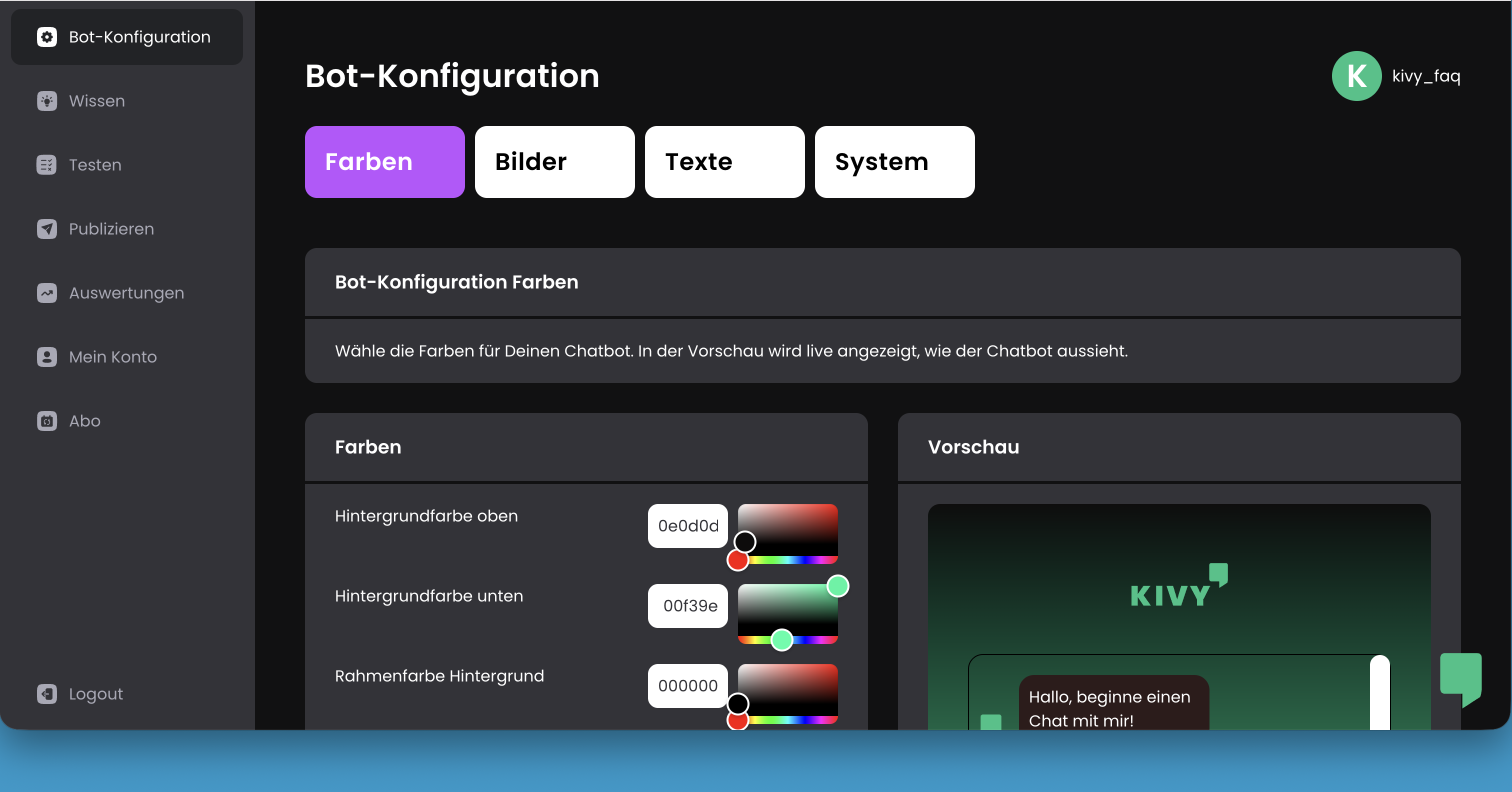 KIVY Bot-Konfiguration Farben – mit Live-Vorschau des Chat-Widgets.