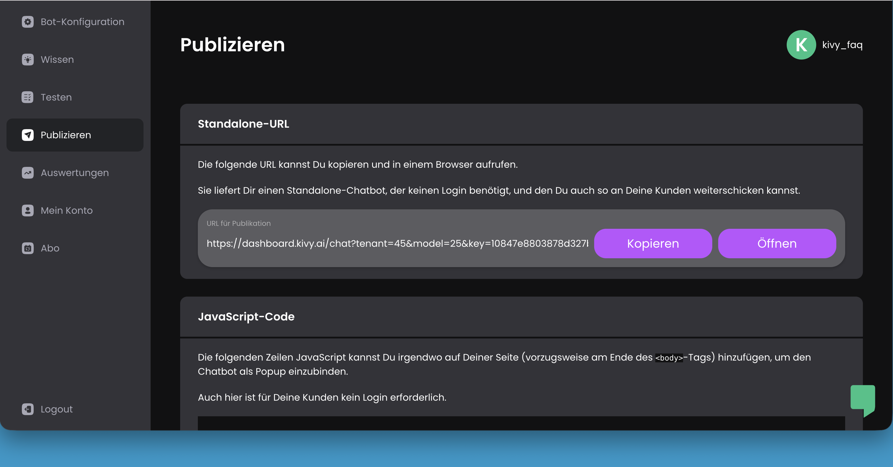 KIVY Publizieren – Standalone-URL und JavaScript-Snippet für die Website-Integration.