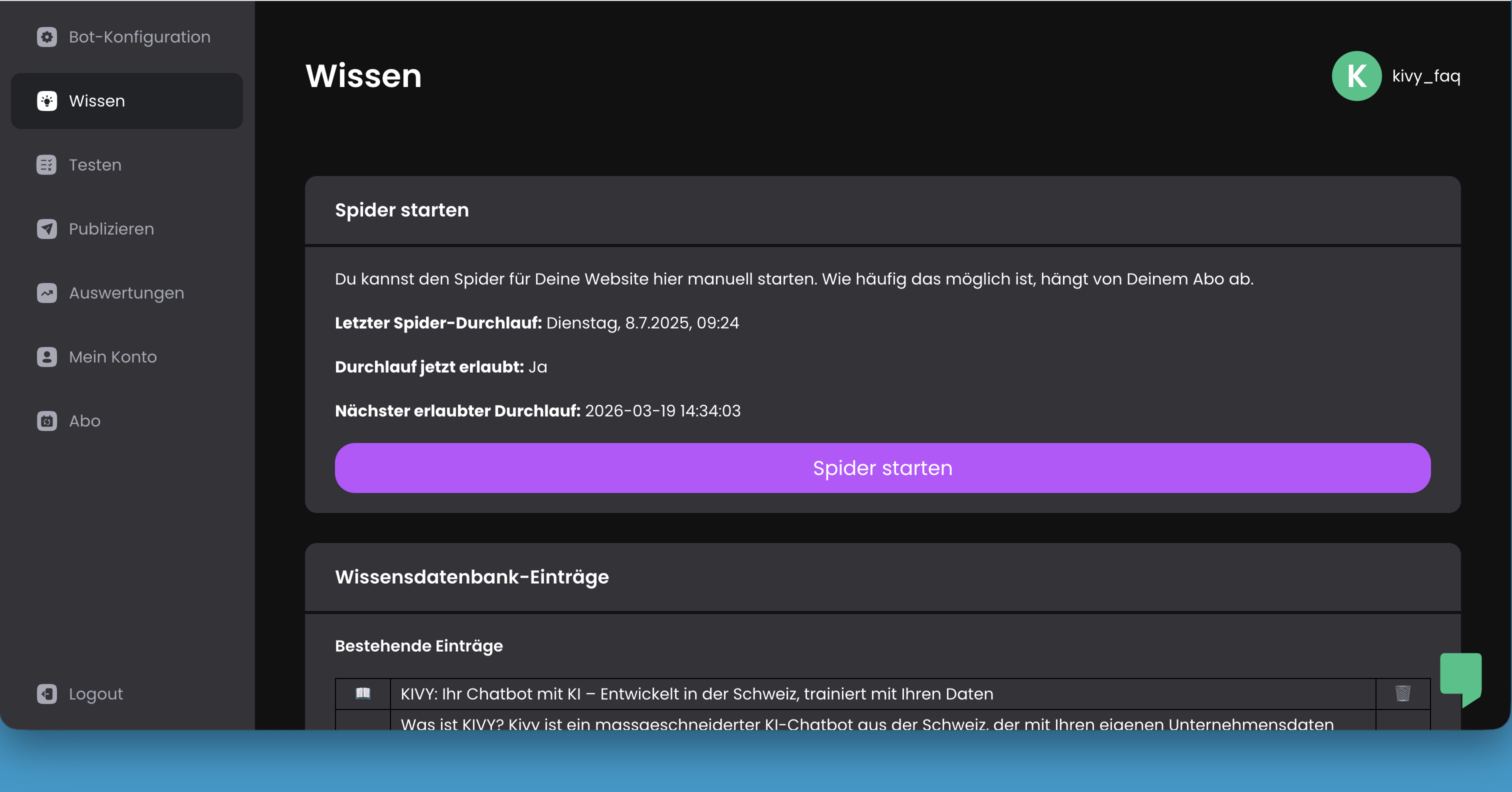 KIVY Dashboard – Wissen: Spider starten, Wissensdatenbank-Einträge und Datei-Upload.